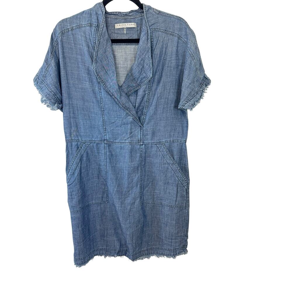 Trina Turk Chambry Lightweight Popover Dress Blue Frayed Hemline Linen Blend M - Picture 2 of 13